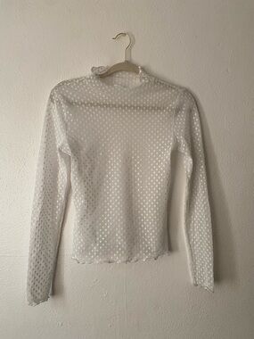 White Long-Sleeve Sheer Dot Mesh Top